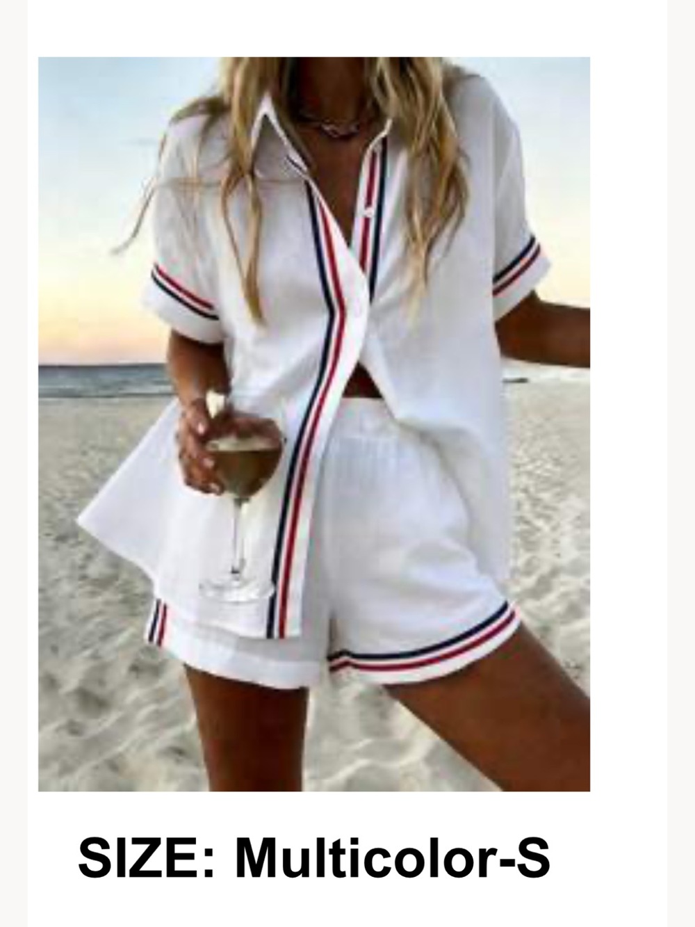 SHEIN White Short Set with Red & Navy Stripe Trim